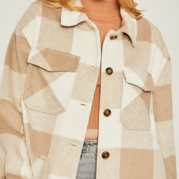 Light Beige Buffalo Plaid Brushed Shacket - Picture 6 of 7